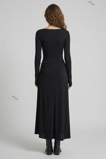 Black Stretch Jersey Maxi Dress with Draped Skirt and Thumbhole Sleeves black stretch jersey knit maxi dress - product view 3