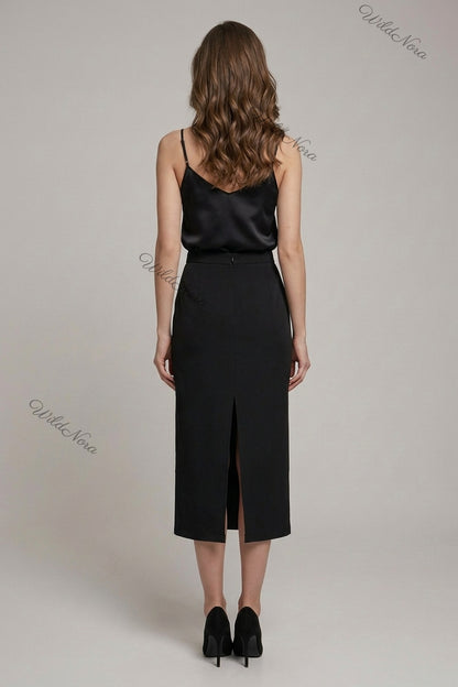 Black Structured Crepe Straight Midi Skirt with Silver Floral Beadwork black structured woven crepe skirt - product view 3
