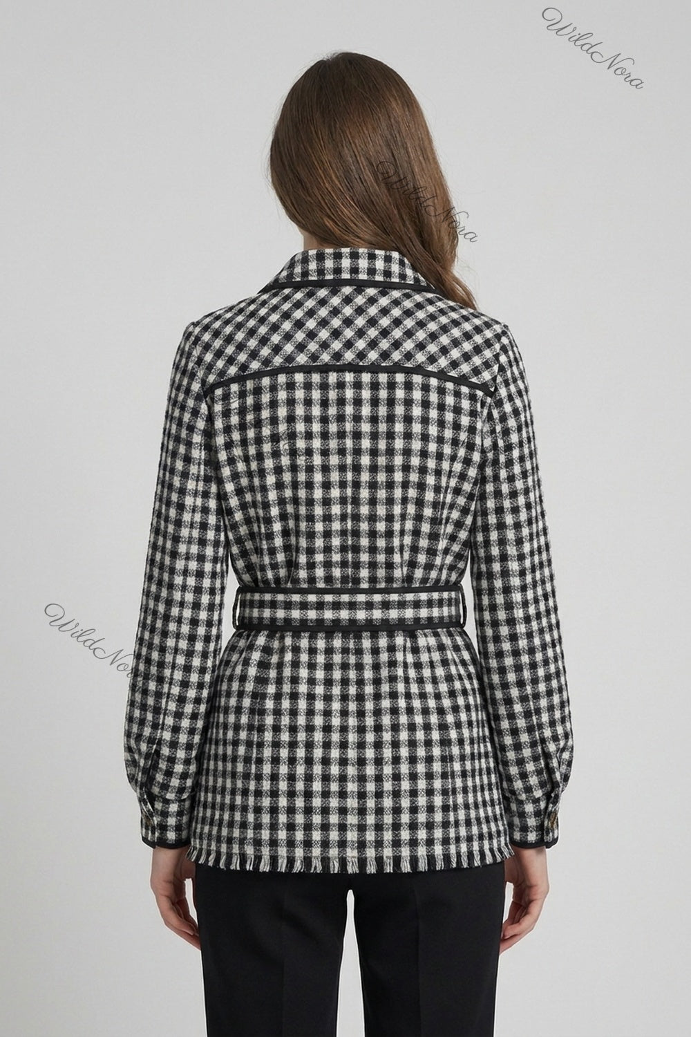 Black & White Gingham Belted Jacket black, white woven wool-blend or flannel belted jacket - product view 3