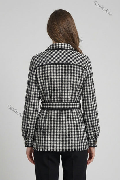 Black & White Gingham Belted Jacket black, white woven wool-blend or flannel belted jacket - product view 3