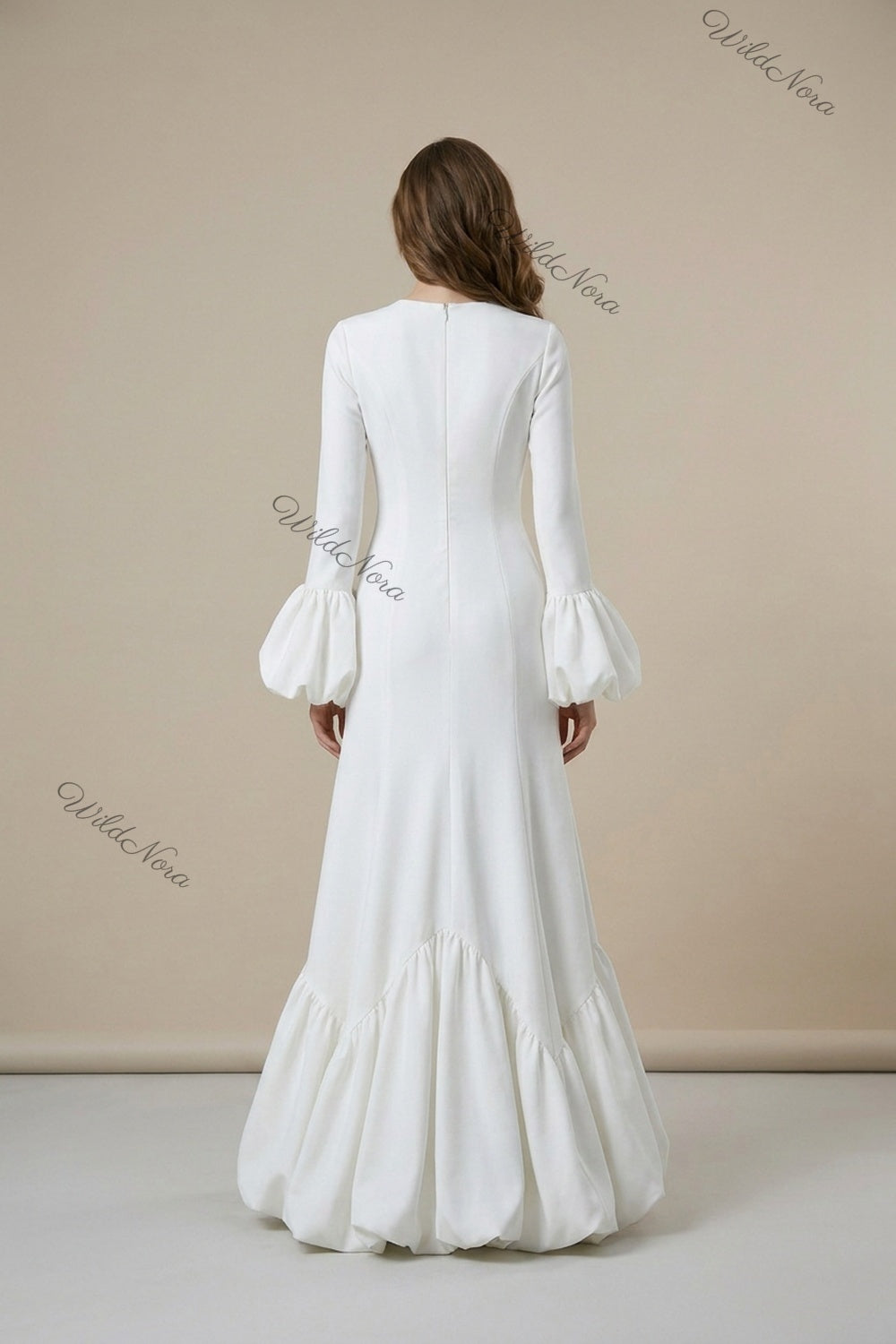 White Heavy Matte Crepe Mermaid Bubble Hem Gown white heavy matte crepe gown - product view 3