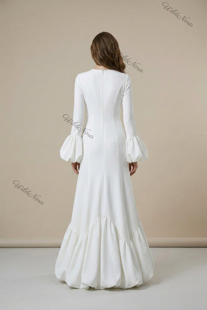 White Heavy Matte Crepe Mermaid Bubble Hem Gown white heavy matte crepe gown - product view 3