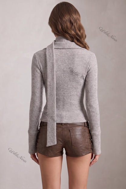Heather Grey Ribbed Knit Fitted Cardigan heather grey ribbed knit cardigan - product view 3
