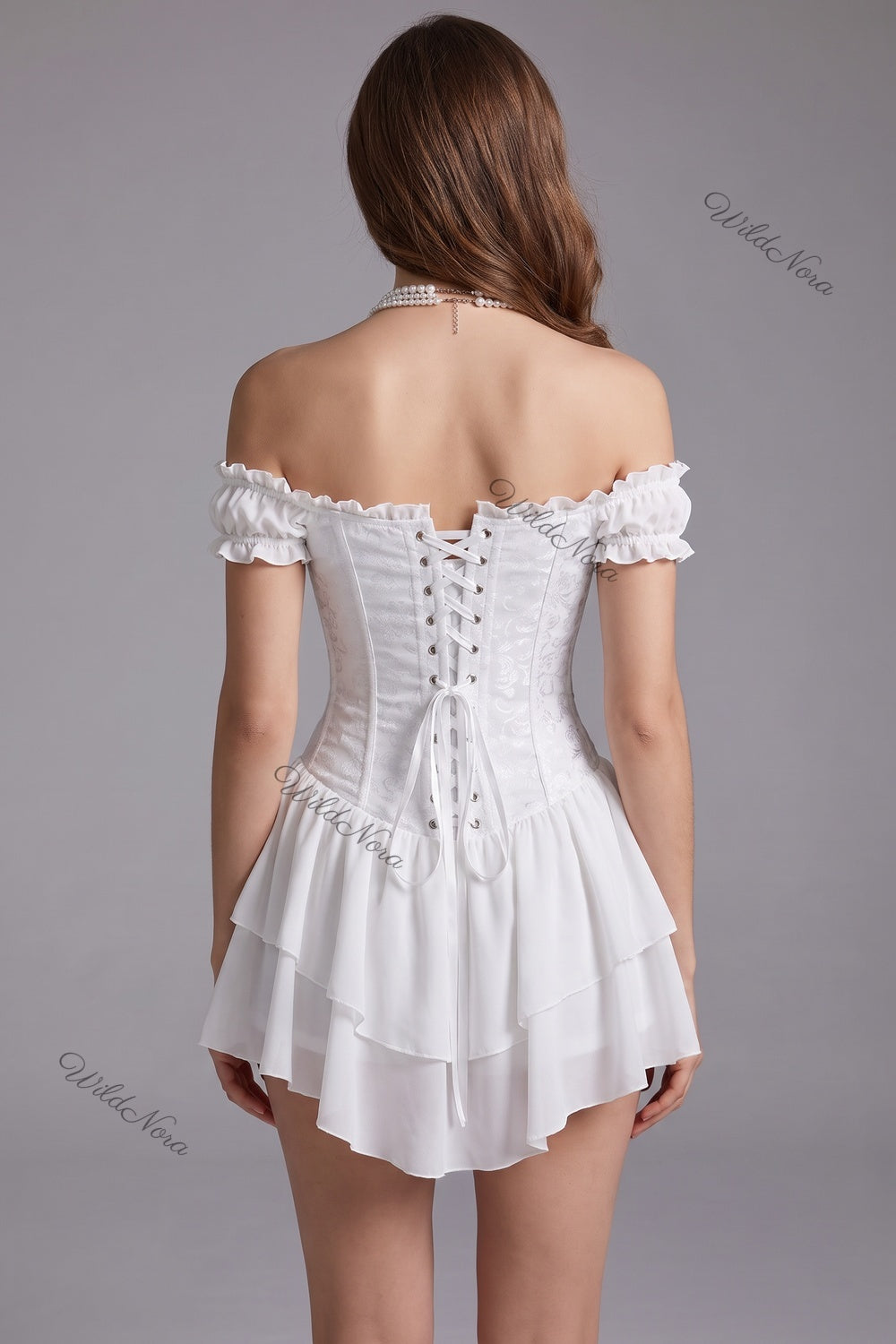 White Tonal Floral Jacquard Fit-and-Flare Corset Mini Dress white tonal floral jacquard corset mini dress - product view 3