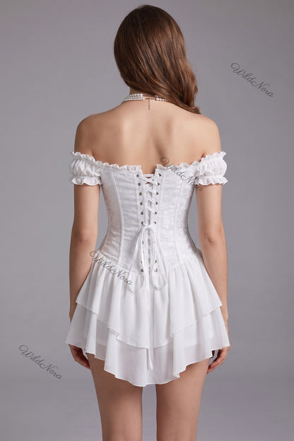 White Tonal Floral Jacquard Fit-and-Flare Corset Mini Dress white tonal floral jacquard corset mini dress - product view 3