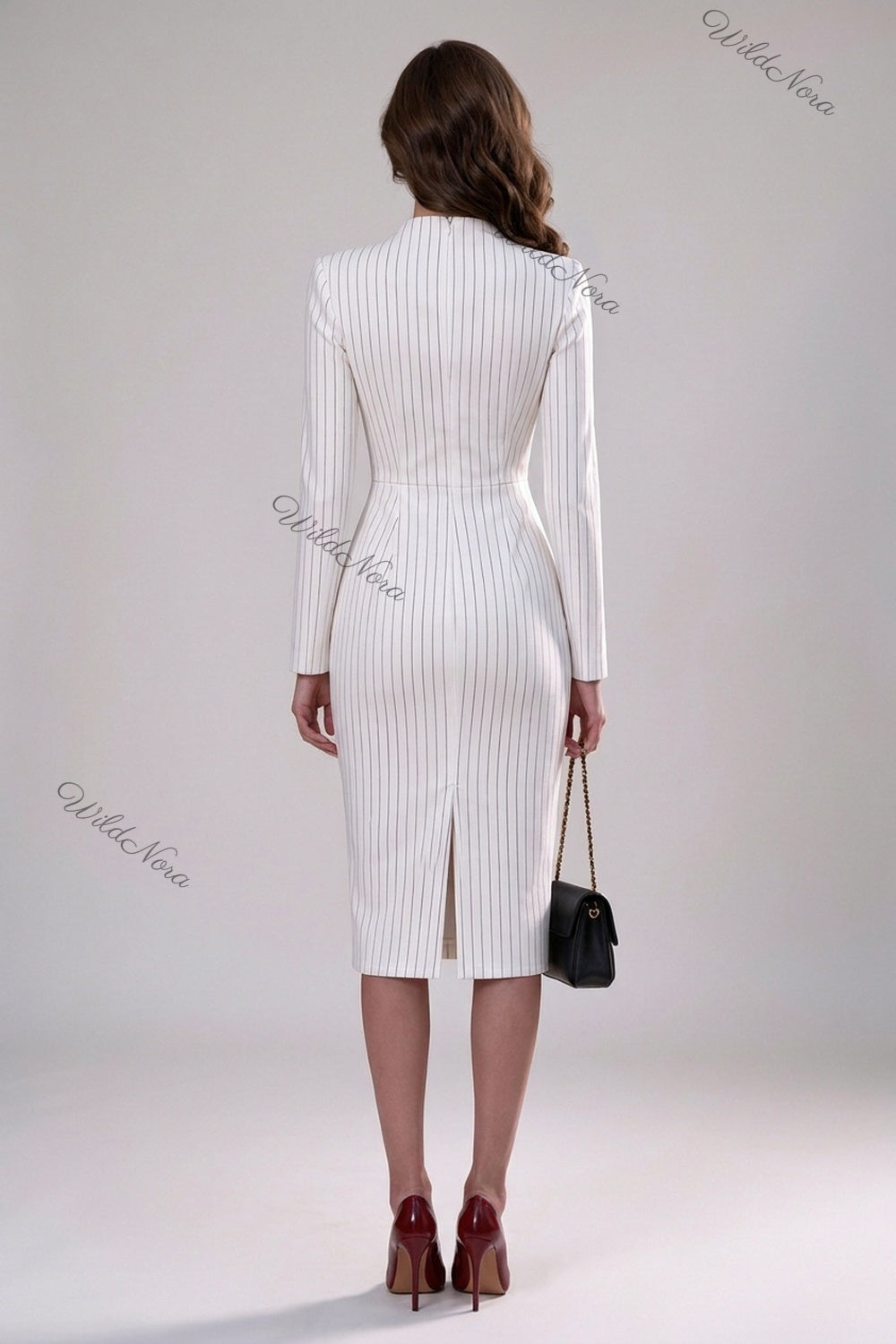 White Pinstripe Sheath Dress with Lace Cutout white structured woven suiting dress - product view 2