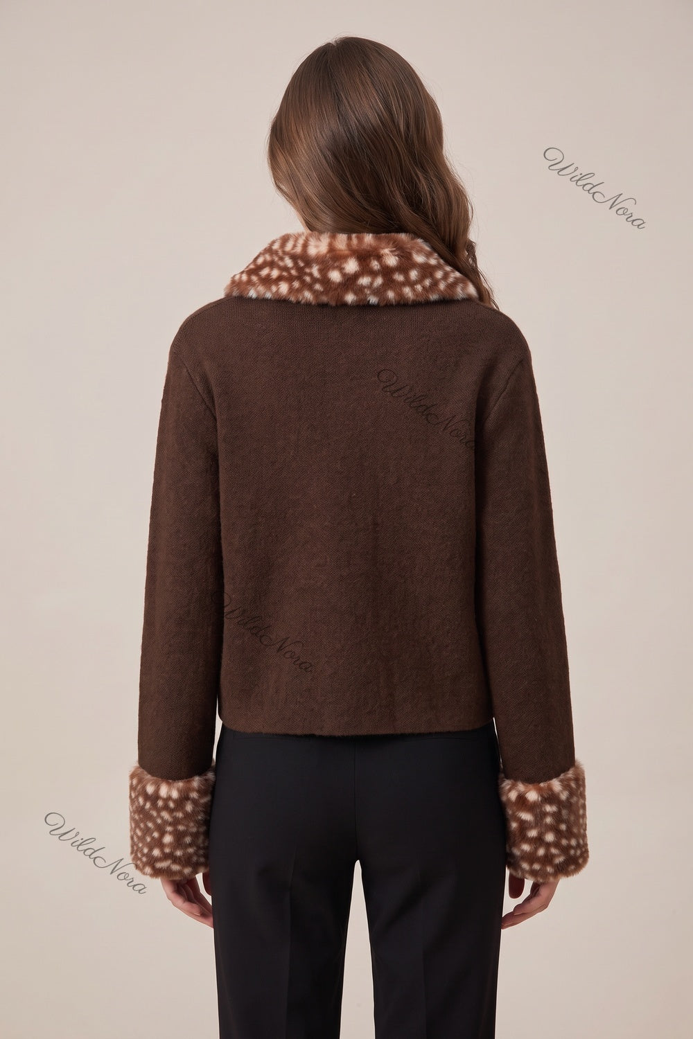 Dark Brown Box Knit Cardigan with Fawn-Spotted Faux Fur Trim dark brown fine knit cardigan - product view 3
