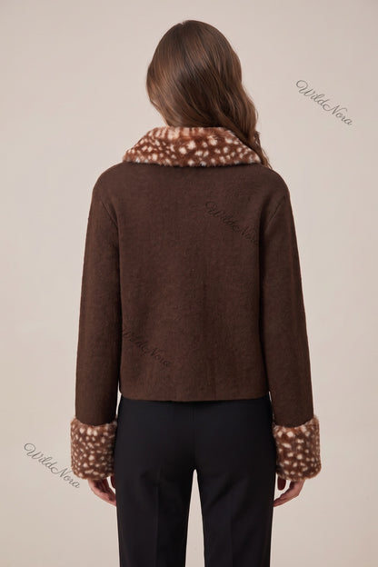Dark Brown Box Knit Cardigan with Fawn-Spotted Faux Fur Trim dark brown fine knit cardigan - product view 3