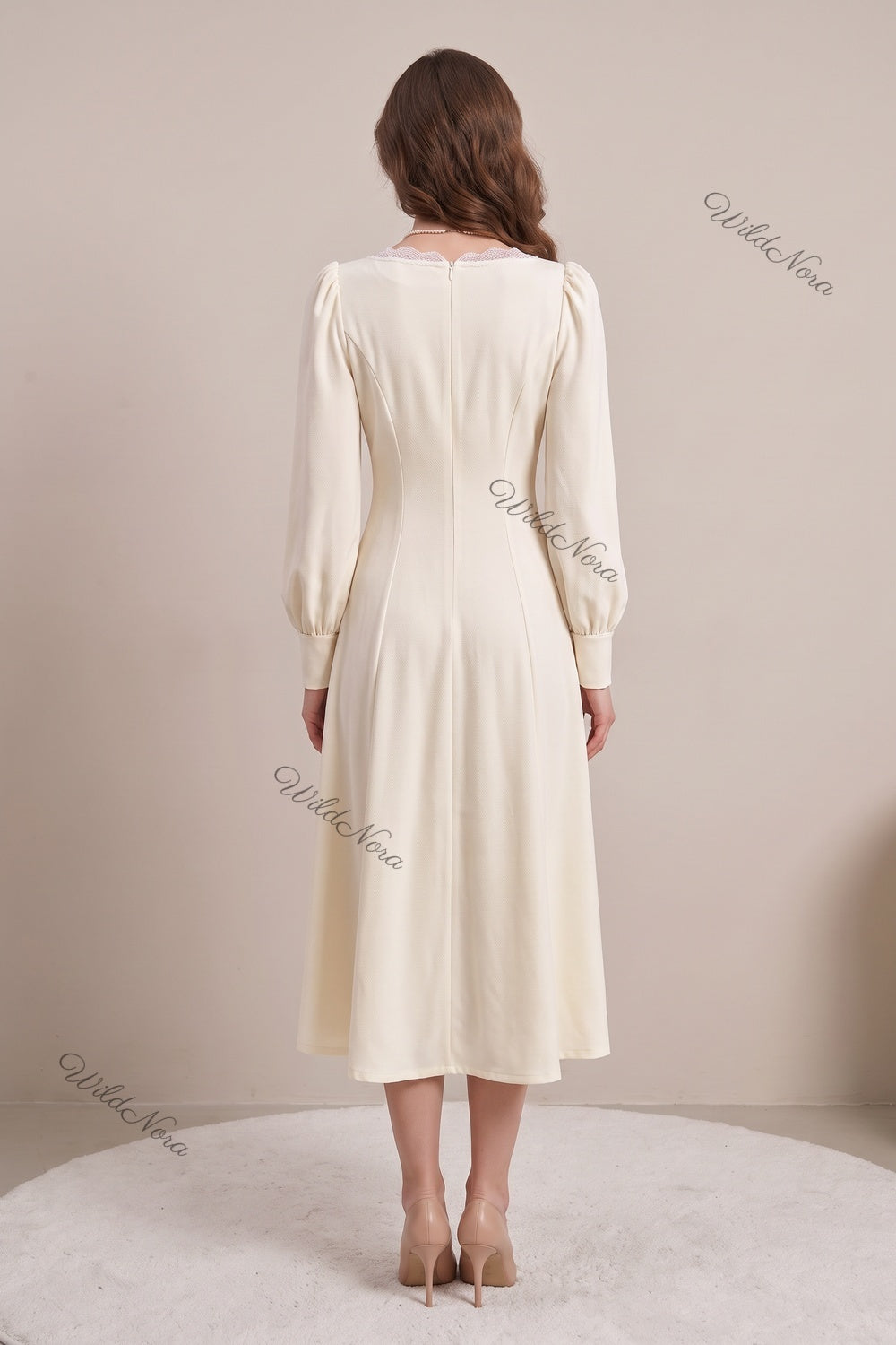 Cream A-Line Midi Dress with Lace Insert and Bishop Sleeves cream mid-weight woven crepe midi dress - product view 3