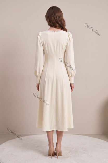 Cream A-Line Midi Dress with Lace Insert and Bishop Sleeves cream mid-weight woven crepe midi dress - product view 3