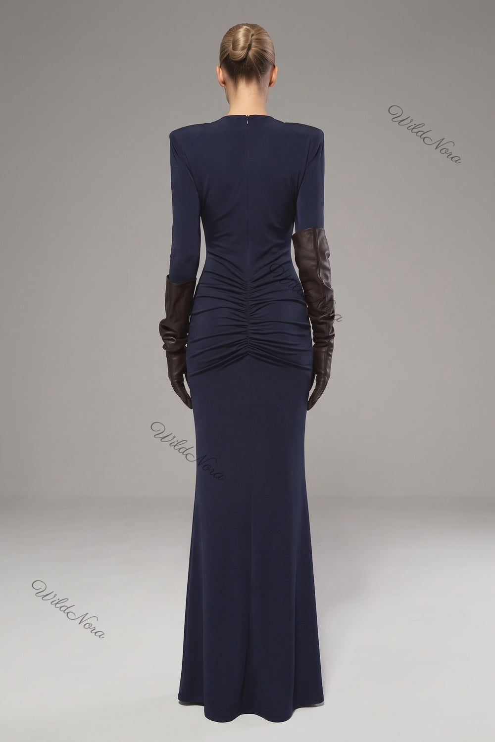Navy Blue Jersey or Crepe Column with Structured Shoulders Floor-Length Gown navy blue jersey or crepe gown - product view 3