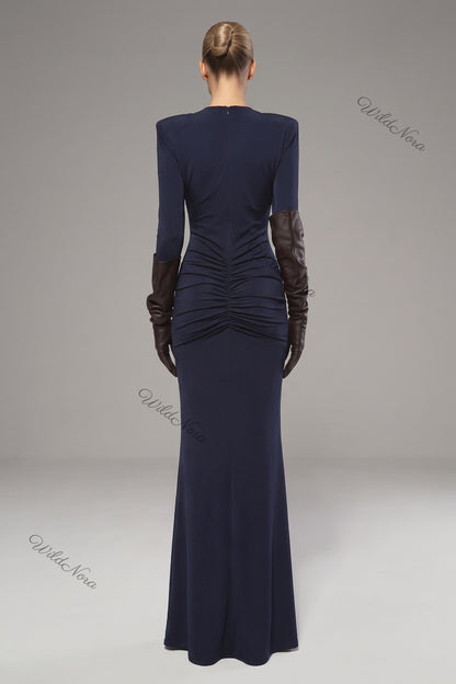Navy Blue Jersey or Crepe Column with Structured Shoulders Floor-Length Gown navy blue jersey or crepe gown - product view 3