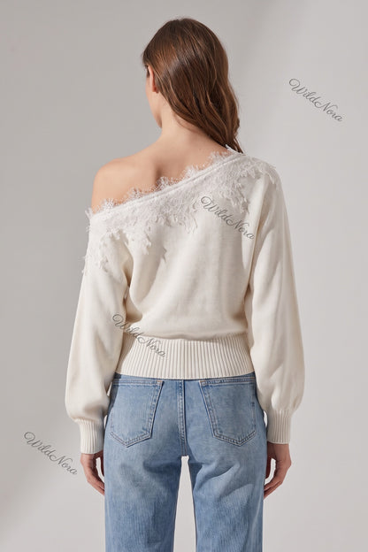 Cream Fine-Gauge Knit Slouchy Blouson Sweater cream, off-white fine-gauge knit sweater - product view 3