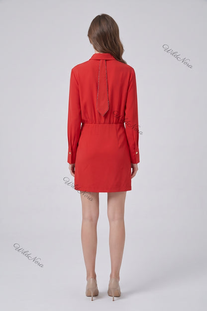 Red Polyester Crepe Draped A-Line Mini Dress with Beaded Tie red polyester crepe dress - product view 3