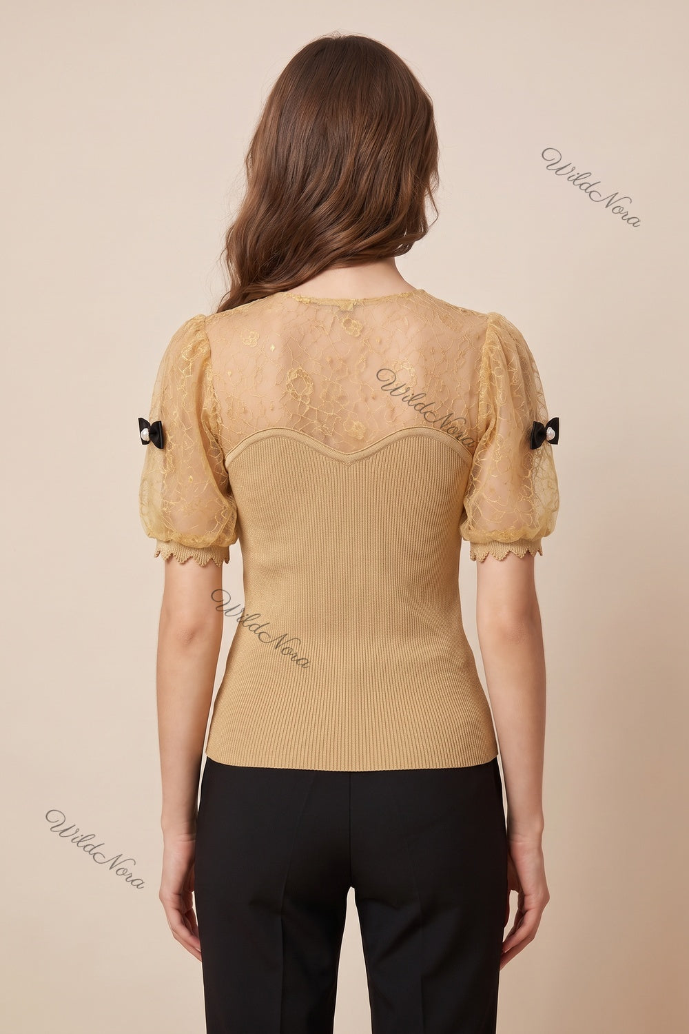Gold Ribbed Knit Fitted Bodice with Puff Sleeves Top gold, beige ribbed knit top - product view 3