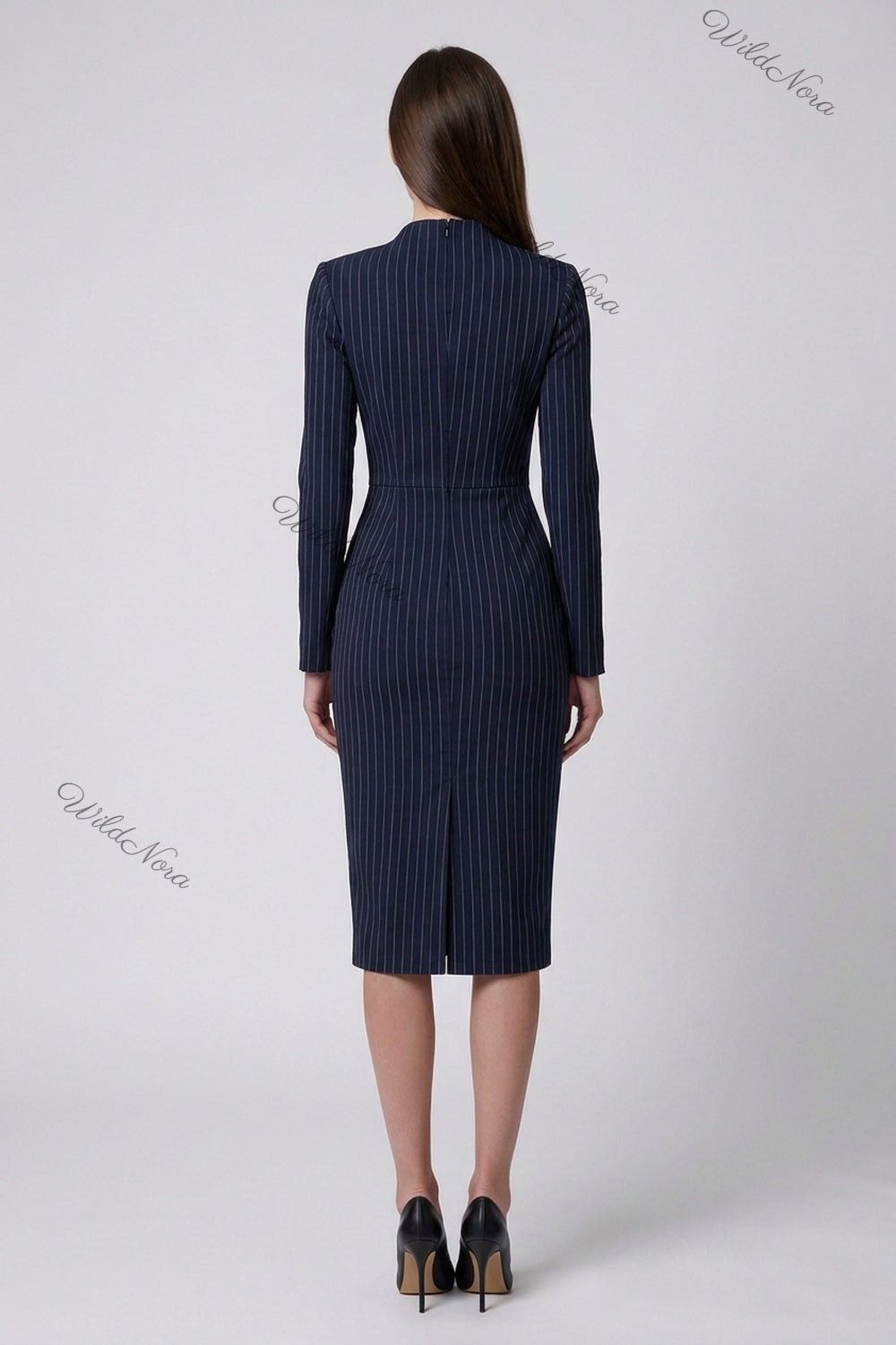 Navy Blue Pinstripe Sheath Dress With Lace Keyhole Cutout navy blue structured woven suiting dress - product view 3