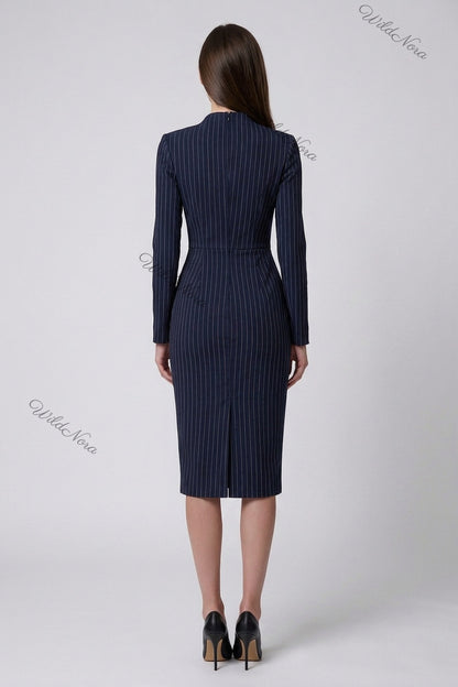 Navy Blue Pinstripe Sheath Dress With Lace Keyhole Cutout navy blue structured woven suiting dress - product view 3