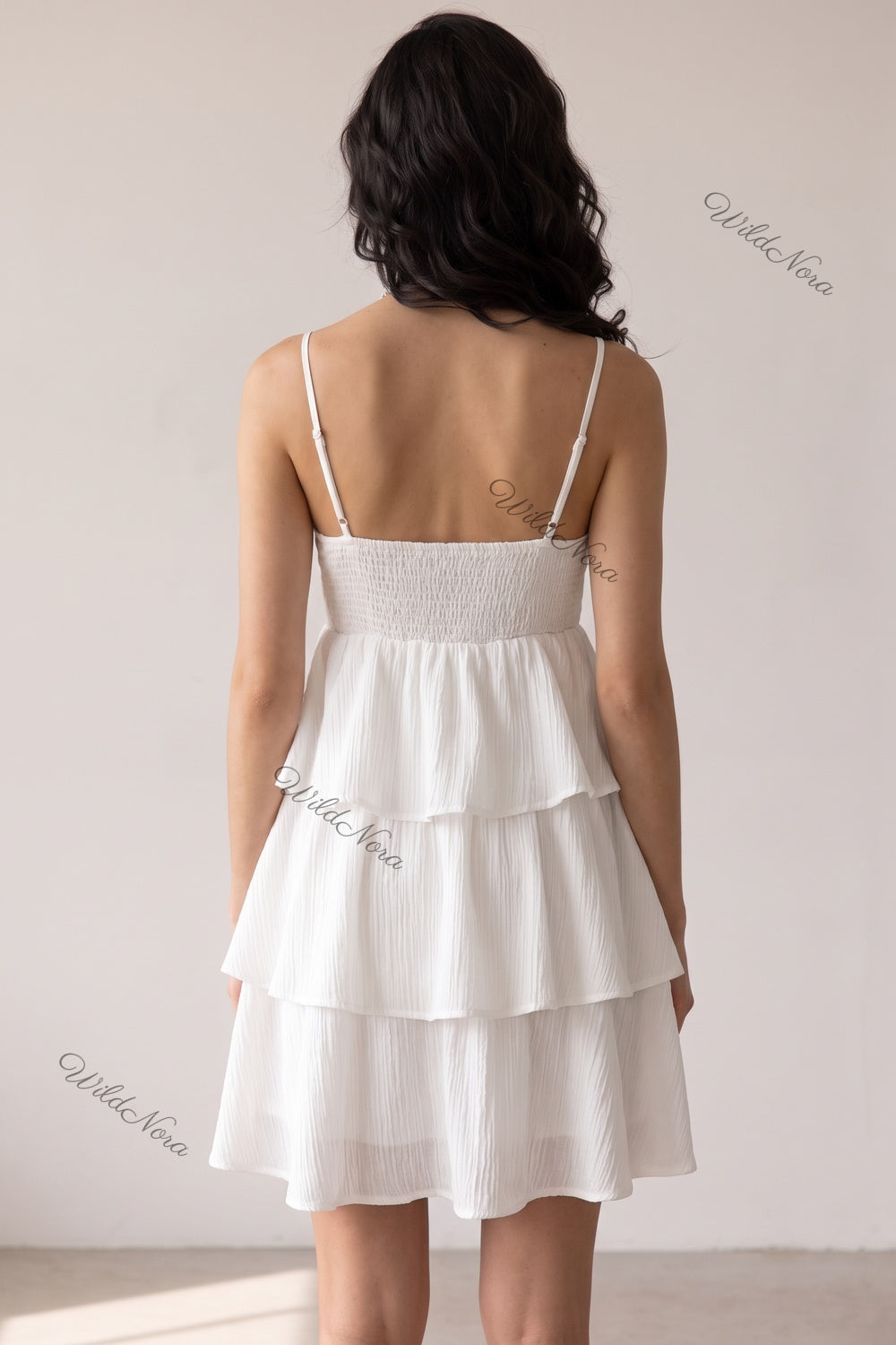 White Crinkle Cotton Gauze Fit-and-Flare Tiered Mini Dress white crinkle cotton gauze tiered mini dress - product view 3