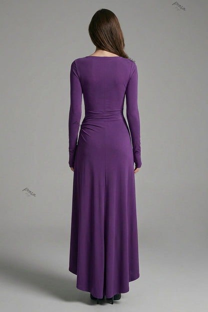Purple Stretch Jersey Slim-Fit Bodice with Draped Asymmetrical Wrap-Style Skirt Maxi Dress purple stretch jersey maxi dress - product view 2