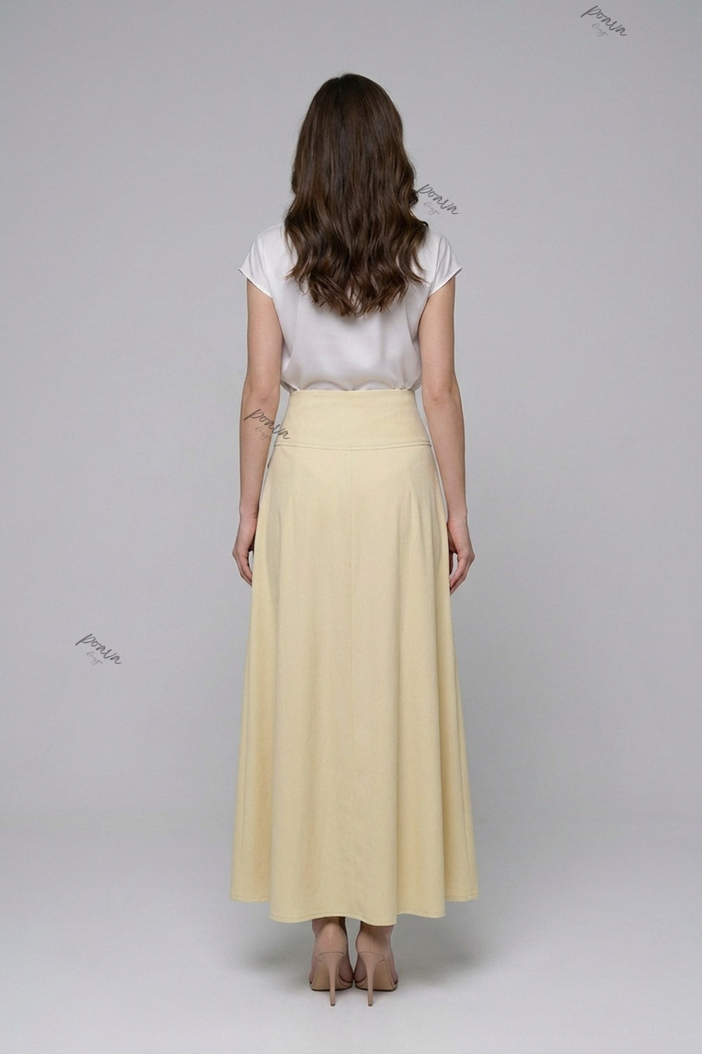 Pale Yellow A-Line Maxi Skirt with Contrasted Buttons pale yellow, cream medium-weight woven suiting or cotton-blend skirt - product view 3