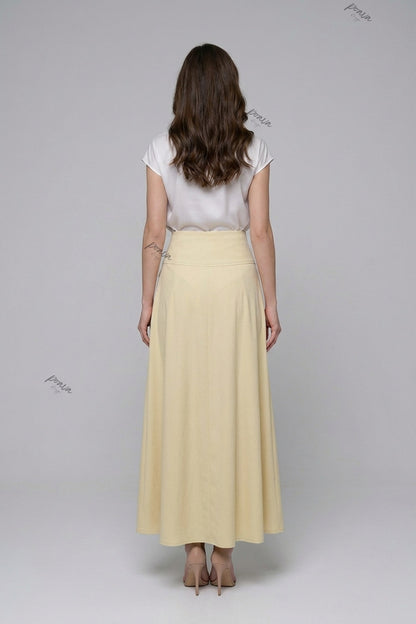 Pale Yellow A-Line Maxi Skirt with Contrasted Buttons pale yellow, cream medium-weight woven suiting or cotton-blend skirt - product view 3