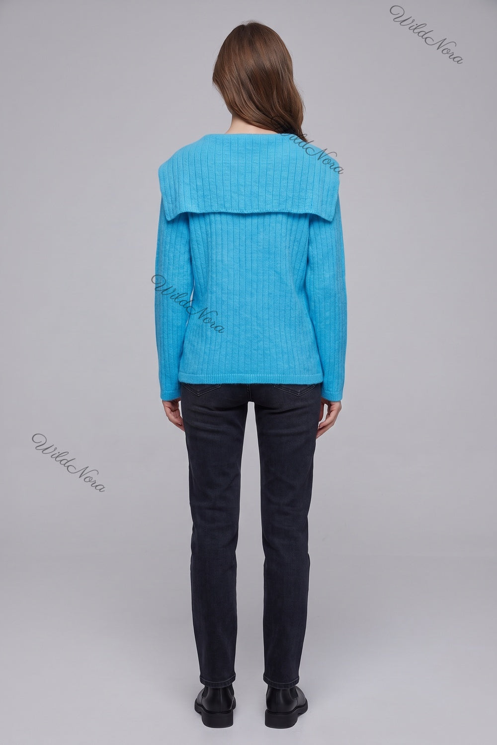 Cyan Blue Ribbed Knit Cardigan with Sailor Collar cyan blue ribbed knit cardigan - product view 3