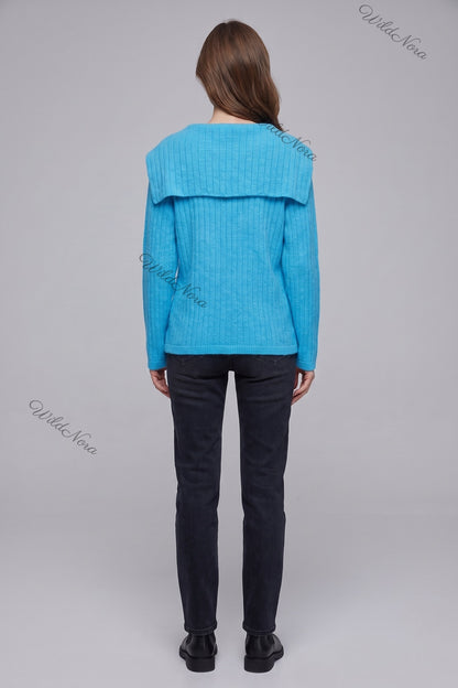 Cyan Blue Ribbed Knit Cardigan with Sailor Collar cyan blue ribbed knit cardigan - product view 3