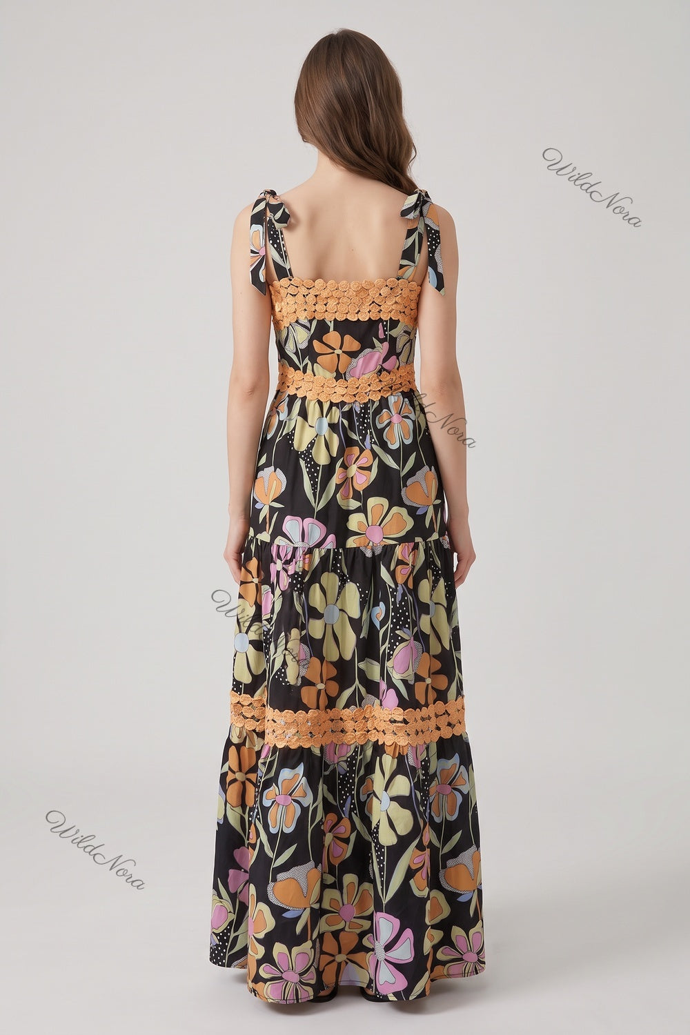 Black Abstract Floral Tiered A-Line Maxi Dress black woven cotton blend maxi dress - product view 3
