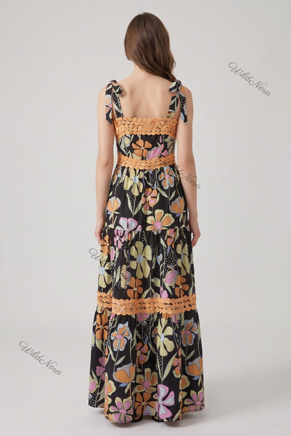 Black Abstract Floral Tiered A-Line Maxi Dress black woven cotton blend maxi dress - product view 3