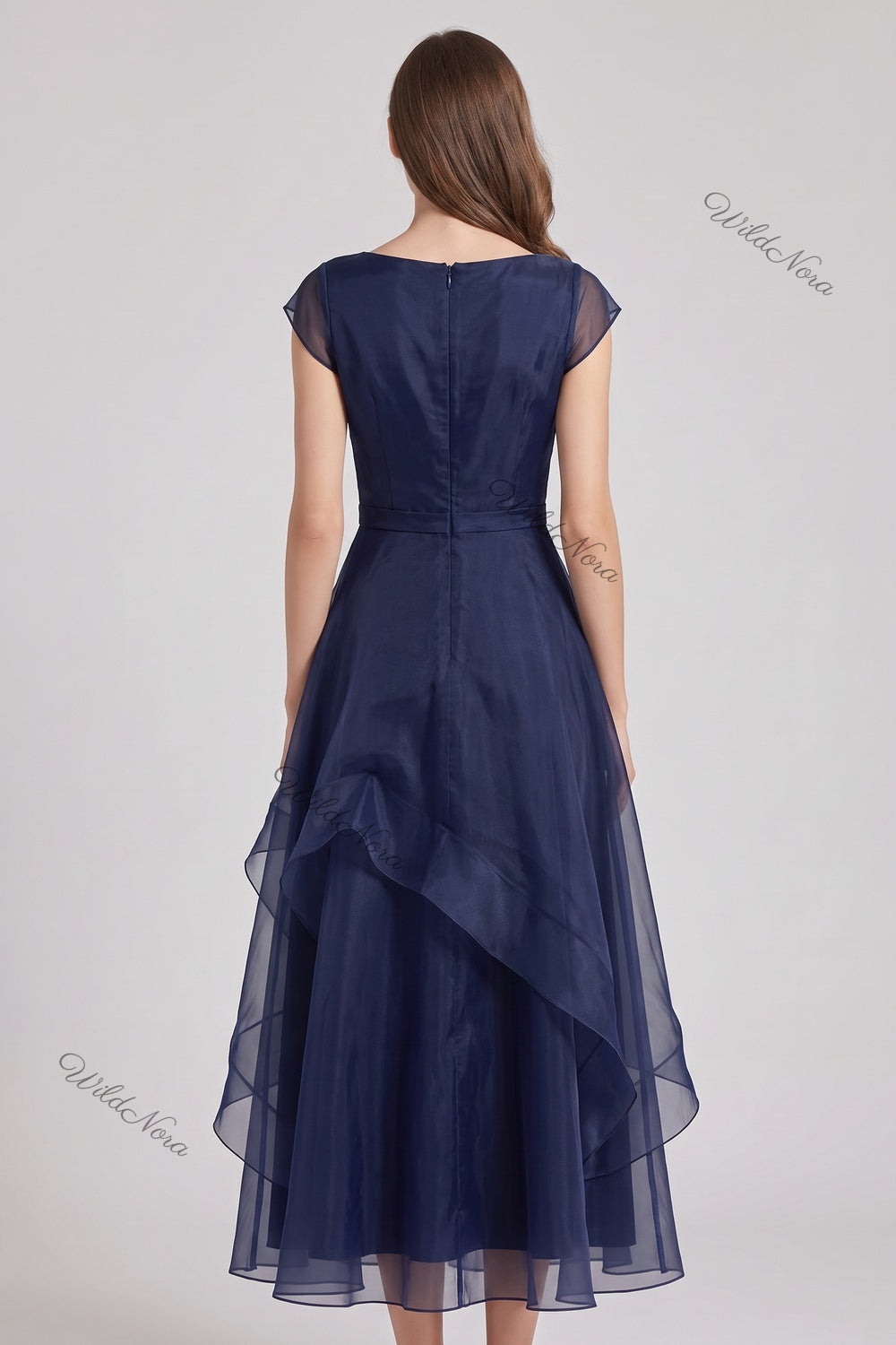 Navy Blue Organza A-line Midi Dress with Ruffle Skirt navy blue organza dress - product view 2