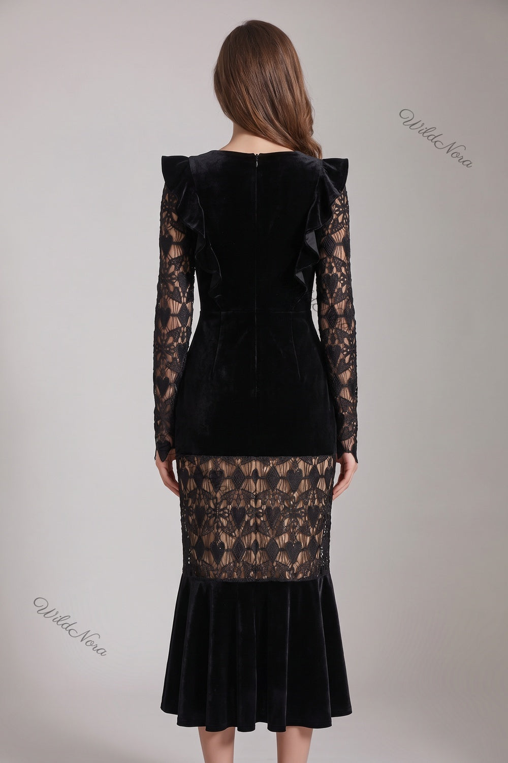 Black Velvet Mermaid Dress with Sheer Lace Sleeves black black velvet dress - product view 3