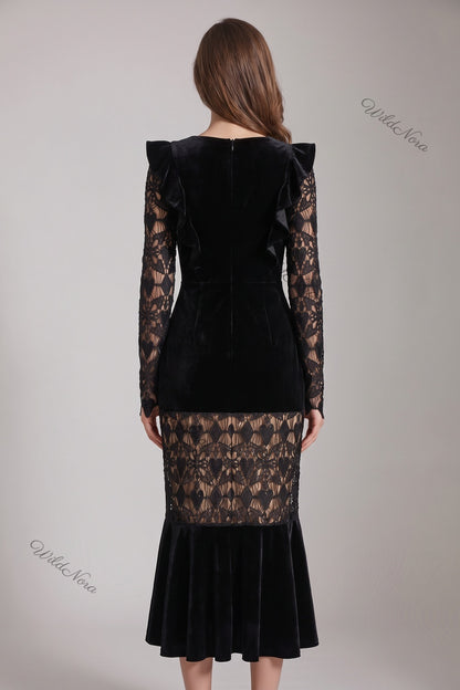 Black Velvet Mermaid Dress with Sheer Lace Sleeves black black velvet dress - product view 3