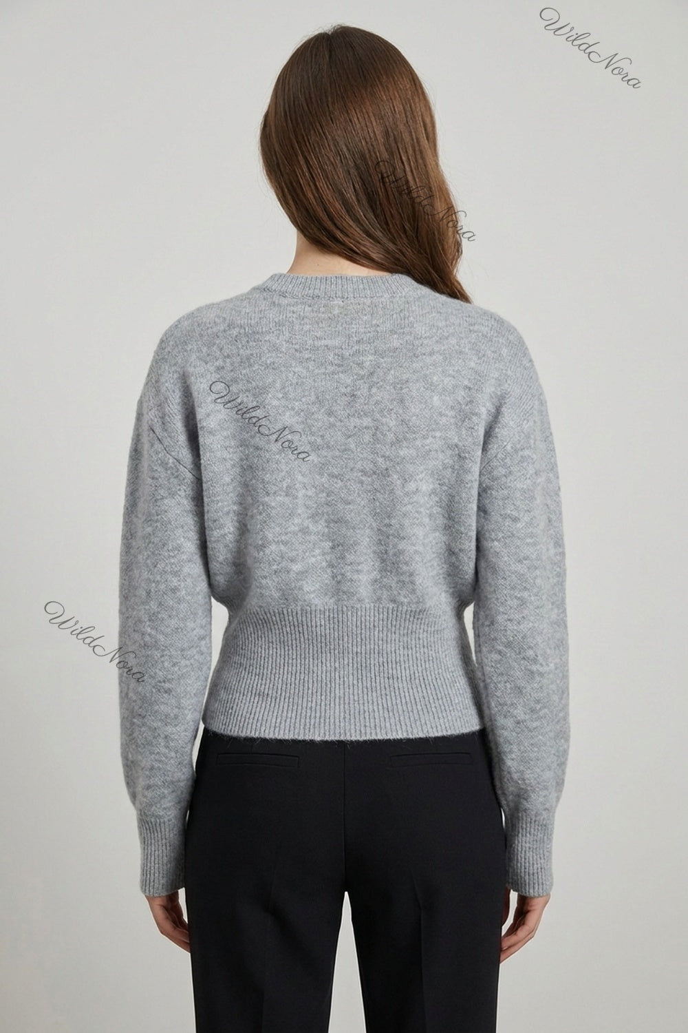 Heather Grey Knit Wool Blend Relaxed Sweater with Fitted Waist heather grey knit wool blend sweater - product view 3