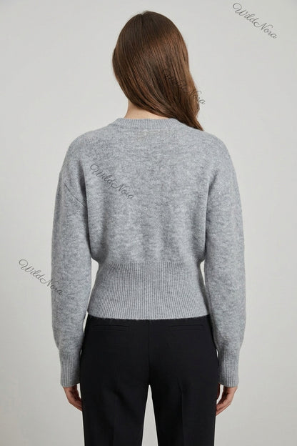 Heather Grey Knit Wool Blend Relaxed Sweater with Fitted Waist heather grey knit wool blend sweater - product view 3