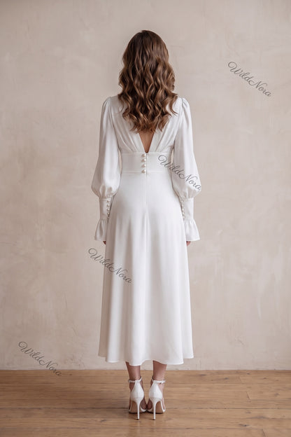 White Crepe A-Line Midi Dress with Pearl Button Details white crepe dress - product view 3