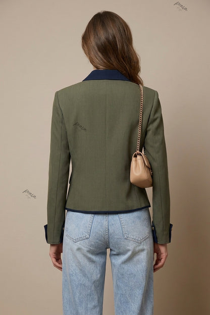 Olive Green Structured Boxy Cropped Jacket with Navy Contrast Trim olive green woven suiting fabric cropped jacket - product view 3