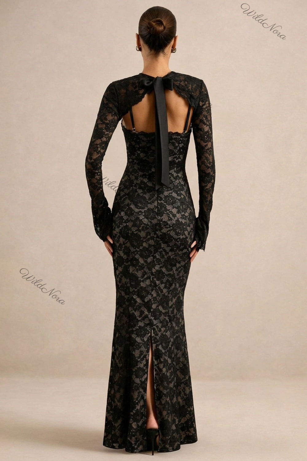 Black Floral Lace Mermaid Two-Piece Dress Set black floral lace two-piece dress set - product view 3