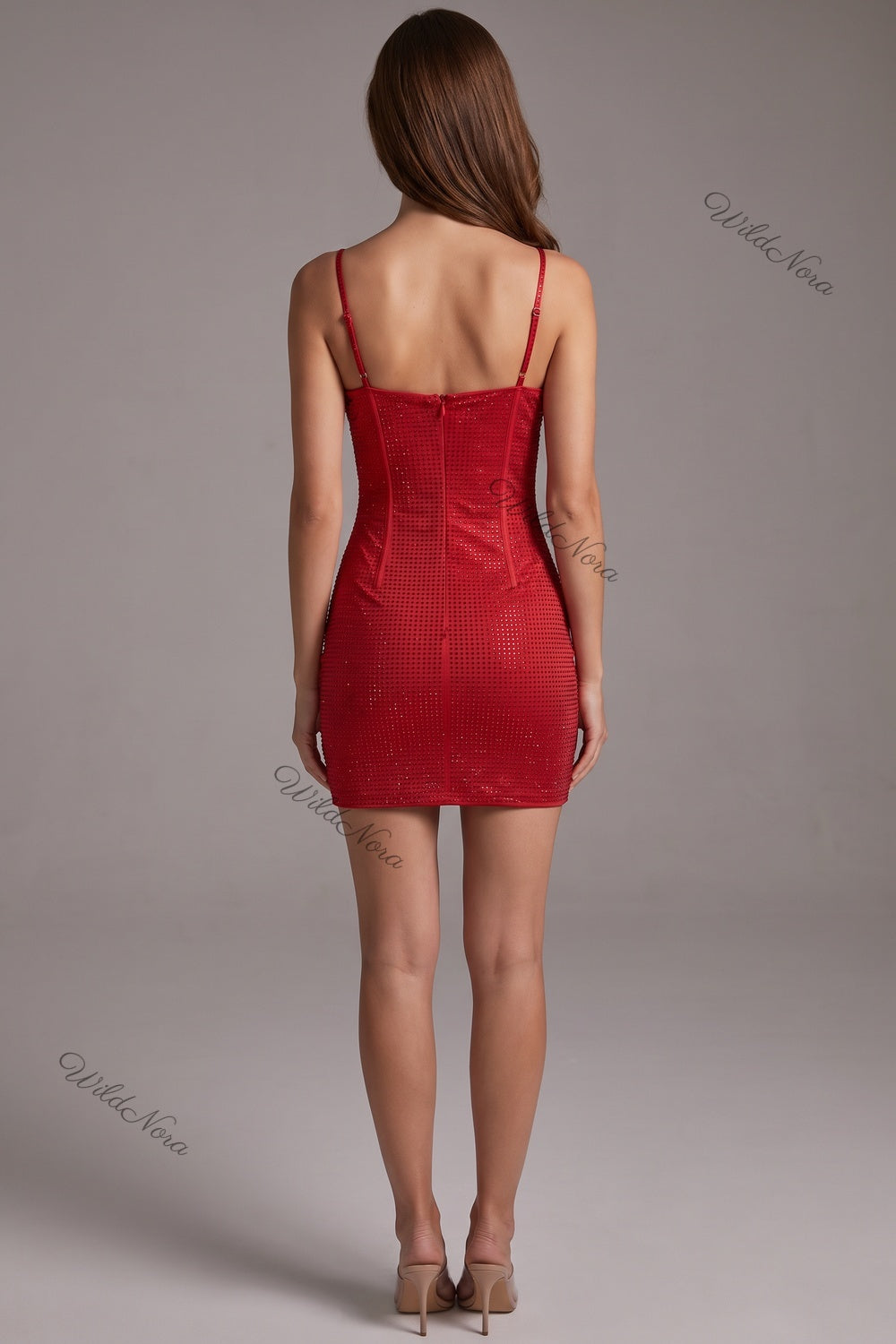 Red Bodycon Mini Dress with Sparkle Overlay red synthetic blend with micro-sparkle overlay dress - product view 3