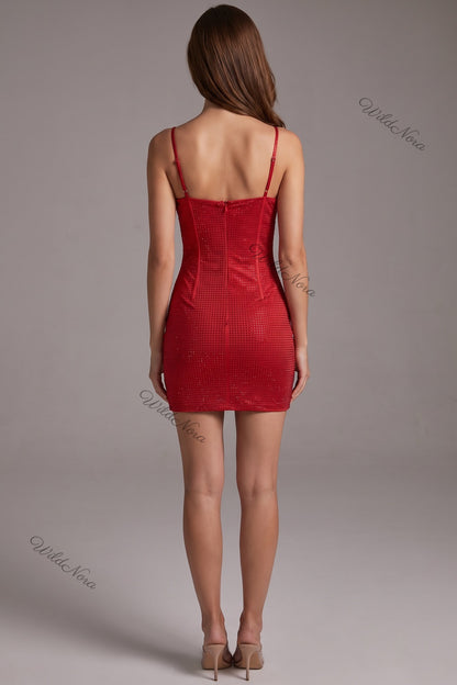 Red Bodycon Mini Dress with Sparkle Overlay red synthetic blend with micro-sparkle overlay dress - product view 3