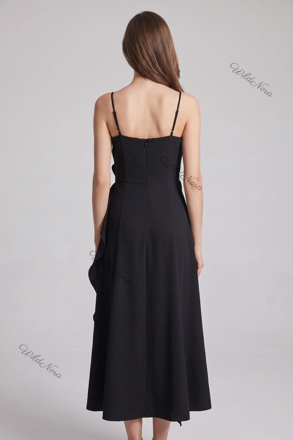 Black Crepe A-Line Midi Dress with Rose Detail black crepe dress - product view 3