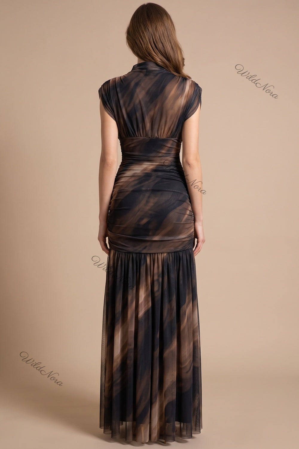 Black Brown Marble Print Mermaid Maxi Dress Black, Dark Brown Sheer mesh Maxi dress - product view 3