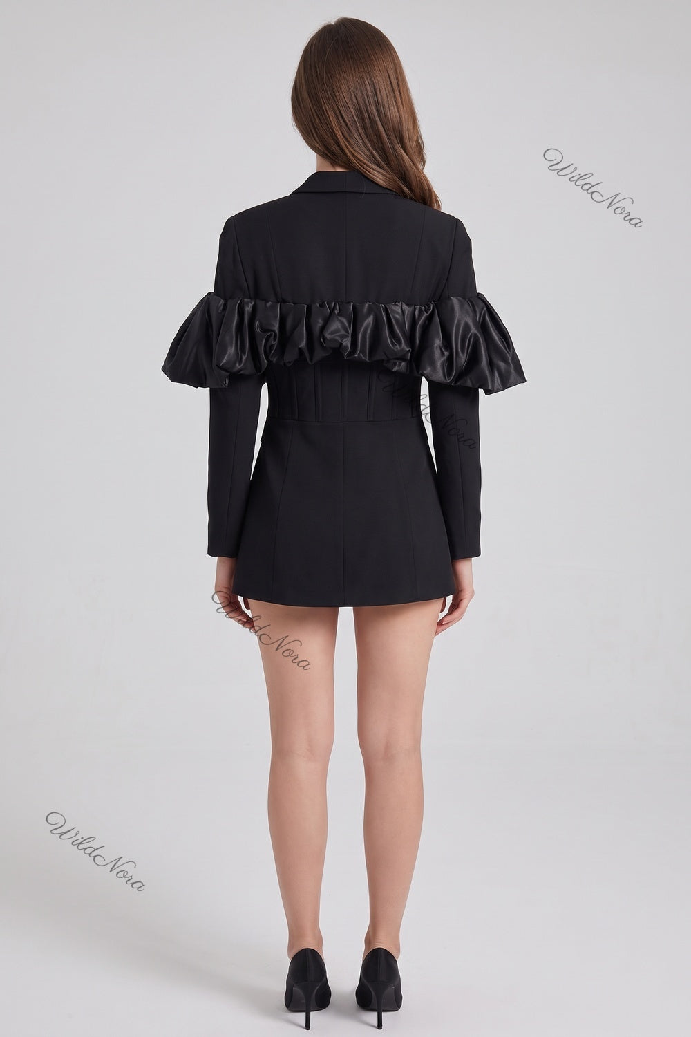 Black Tailored Blazer with Satin Ruffle Detail black woven suiting blazer - product view 3
