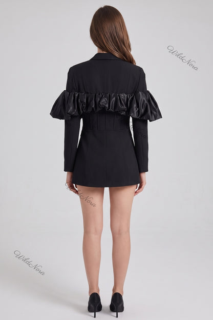 Black Tailored Blazer with Satin Ruffle Detail black woven suiting blazer - product view 3