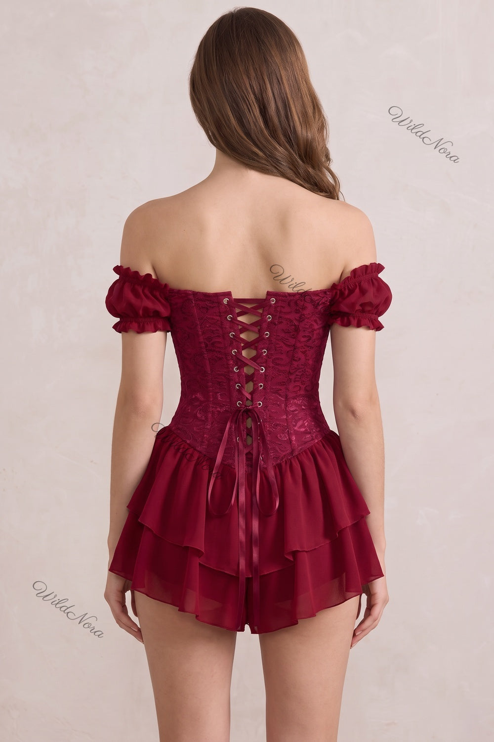 Burgundy Chiffon Corset Romper with Lace Overlay burgundy chiffon corset romper - product view 3