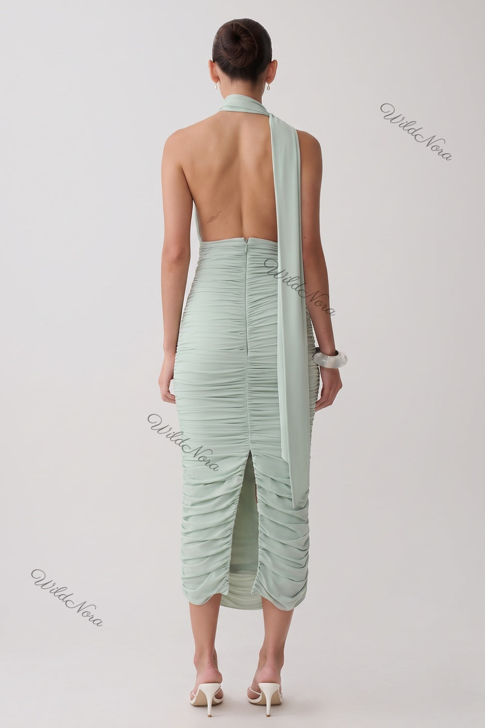 Mint Green Stretch Jersey Bodycon Midi Dress with Ruched Detail mint green stretch jersey dress - product view 3