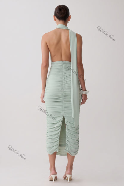 Mint Green Stretch Jersey Bodycon Midi Dress with Ruched Detail mint green stretch jersey dress - product view 3