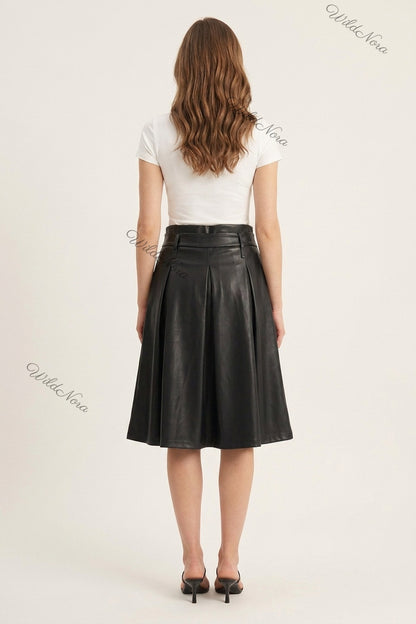 Black Faux Leather A-Line Pleated Midi Skirt black faux leather skirt - product view 3