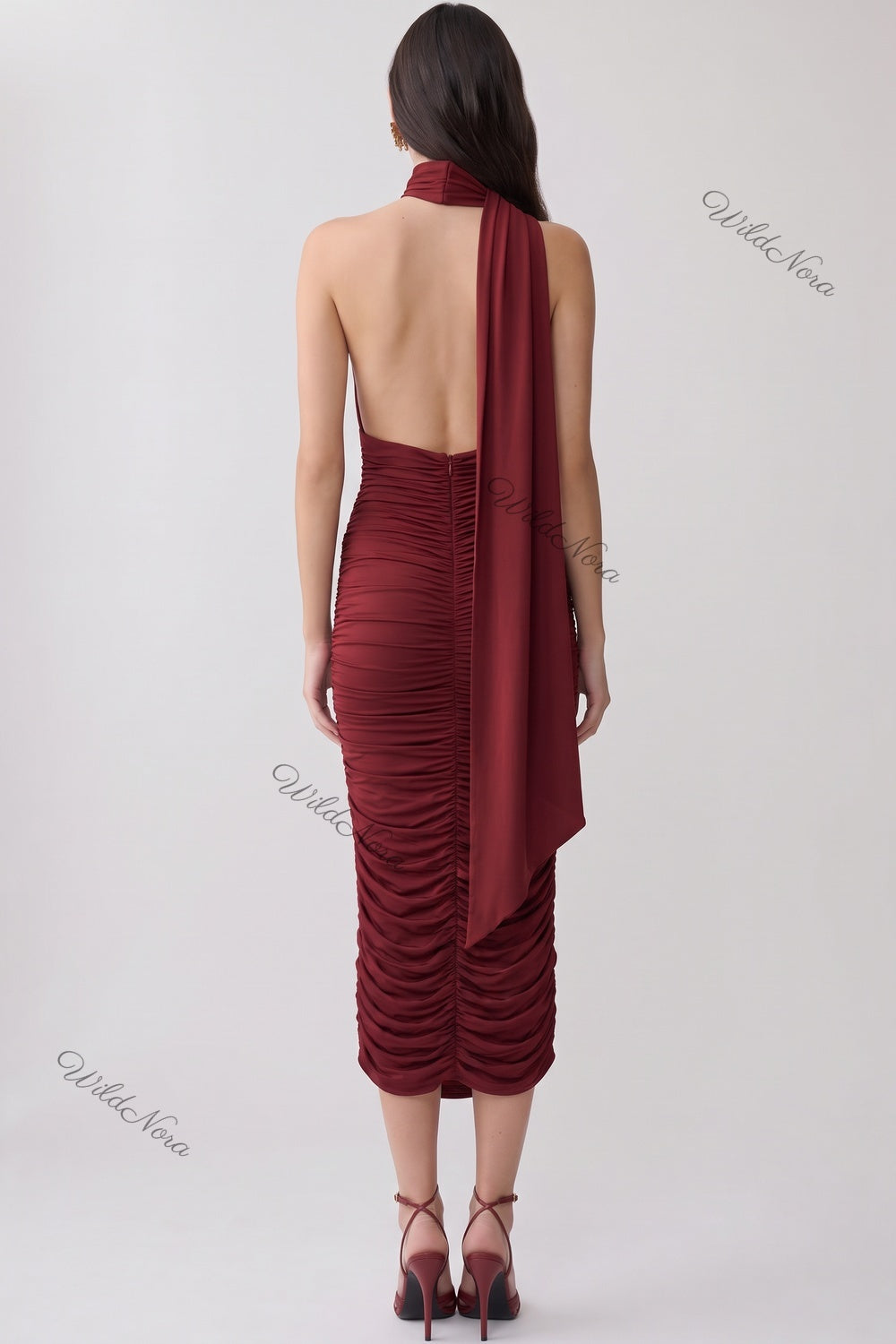 Burgundy Ruched Halter Bodycon Midi Dress burgundy stretch jersey dress - product view 3