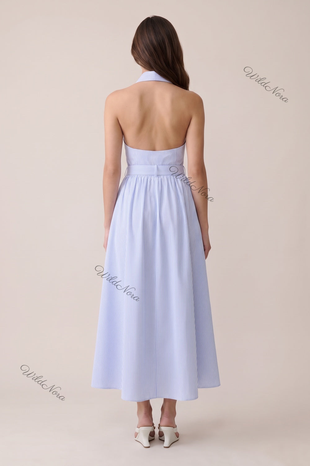Light Blue Pinstripe Halter Midi Dress light blue cotton-blend poplin dress - product view 3