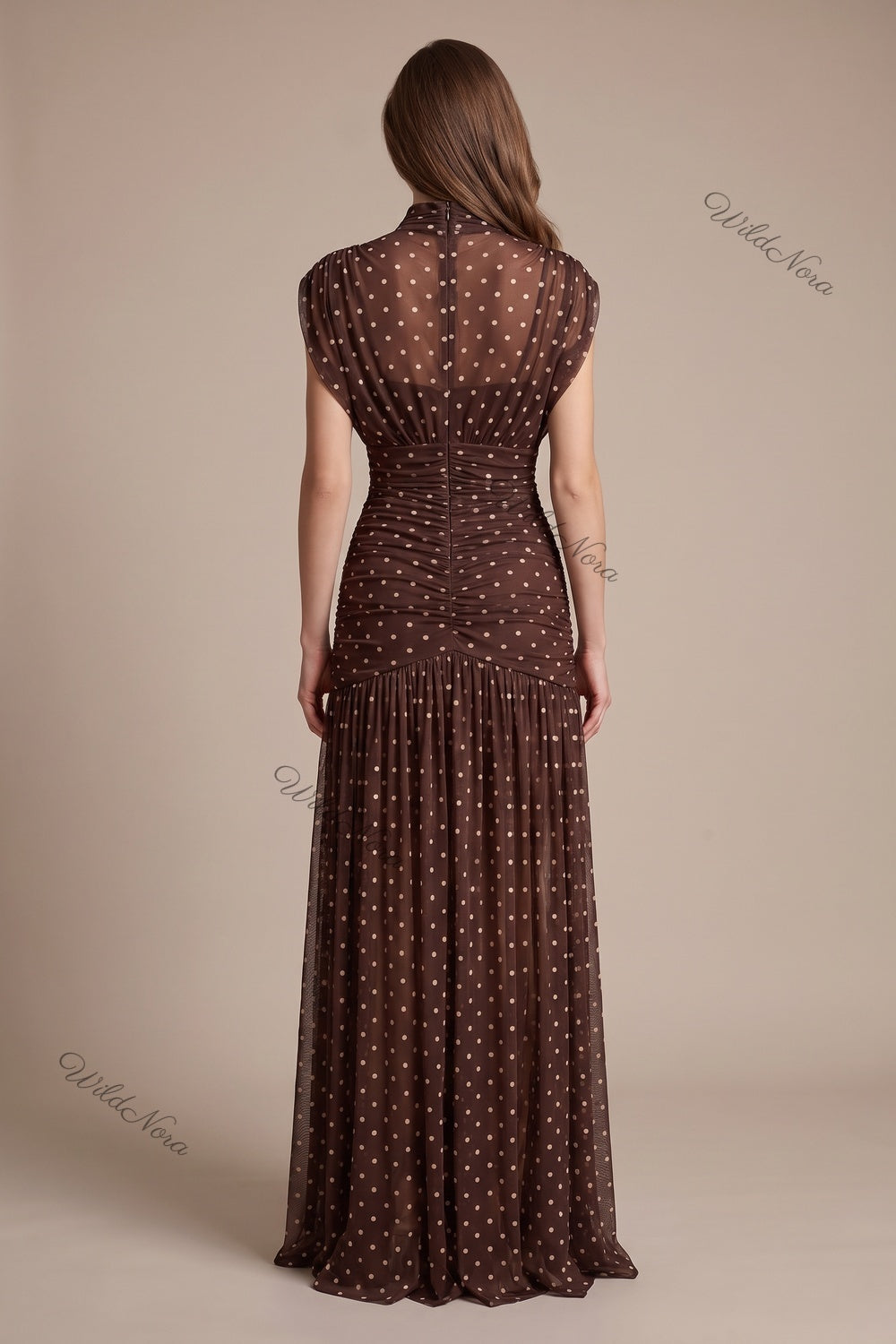 Dark Brown Polka Dot Sheer Mesh Mermaid Dress with Dropped Waist dark brown sheer mesh dress - product view 3